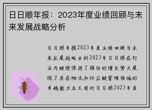 日日顺年报：2023年度业绩回顾与未来发展战略分析